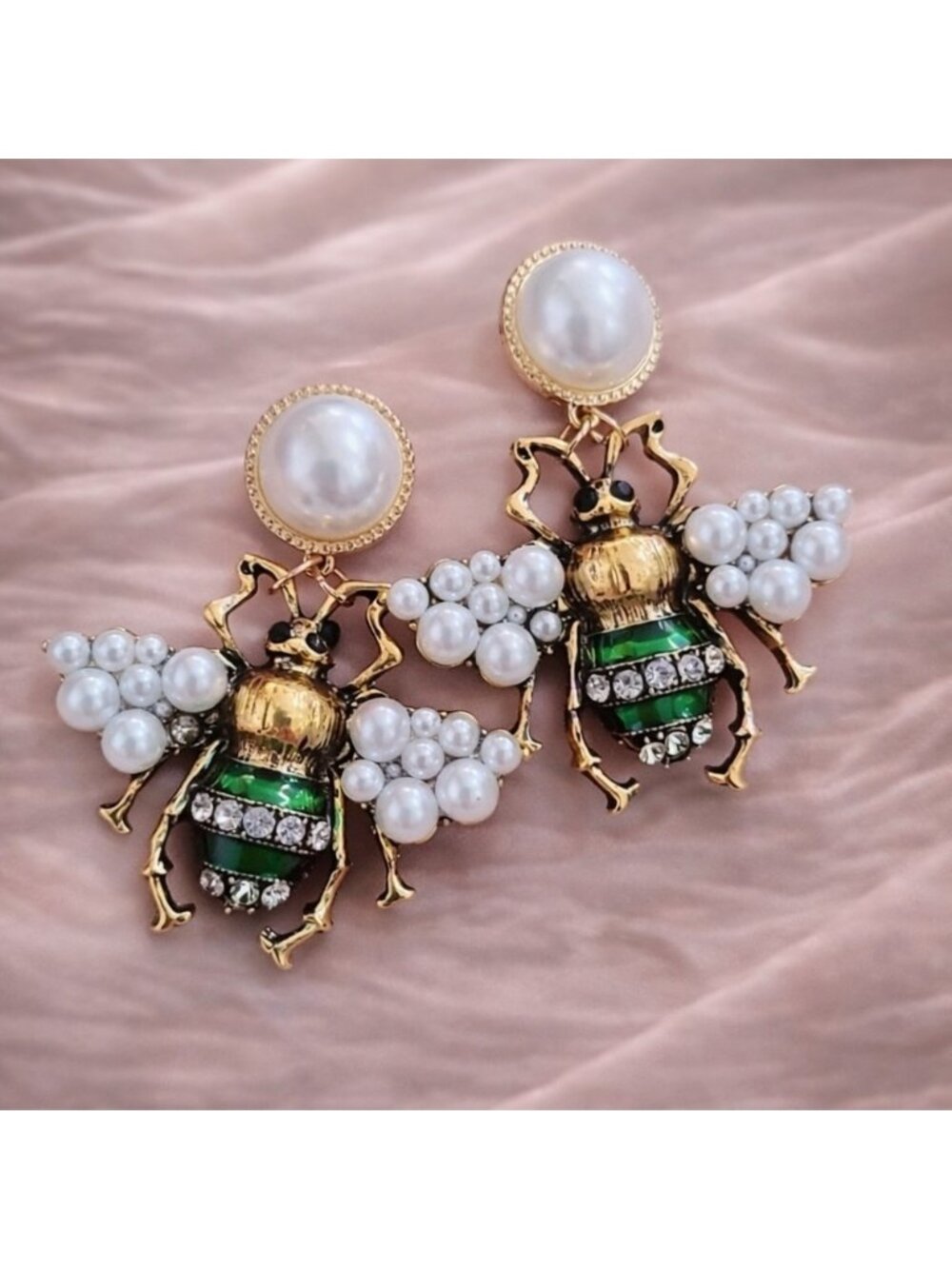 Vintage Honeybee Elegant Gold Green Bee Earrings